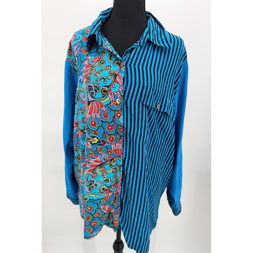 Koos of Course! Silk Blouse Womens 1X Blue Vintage Mixed Print Excellent
